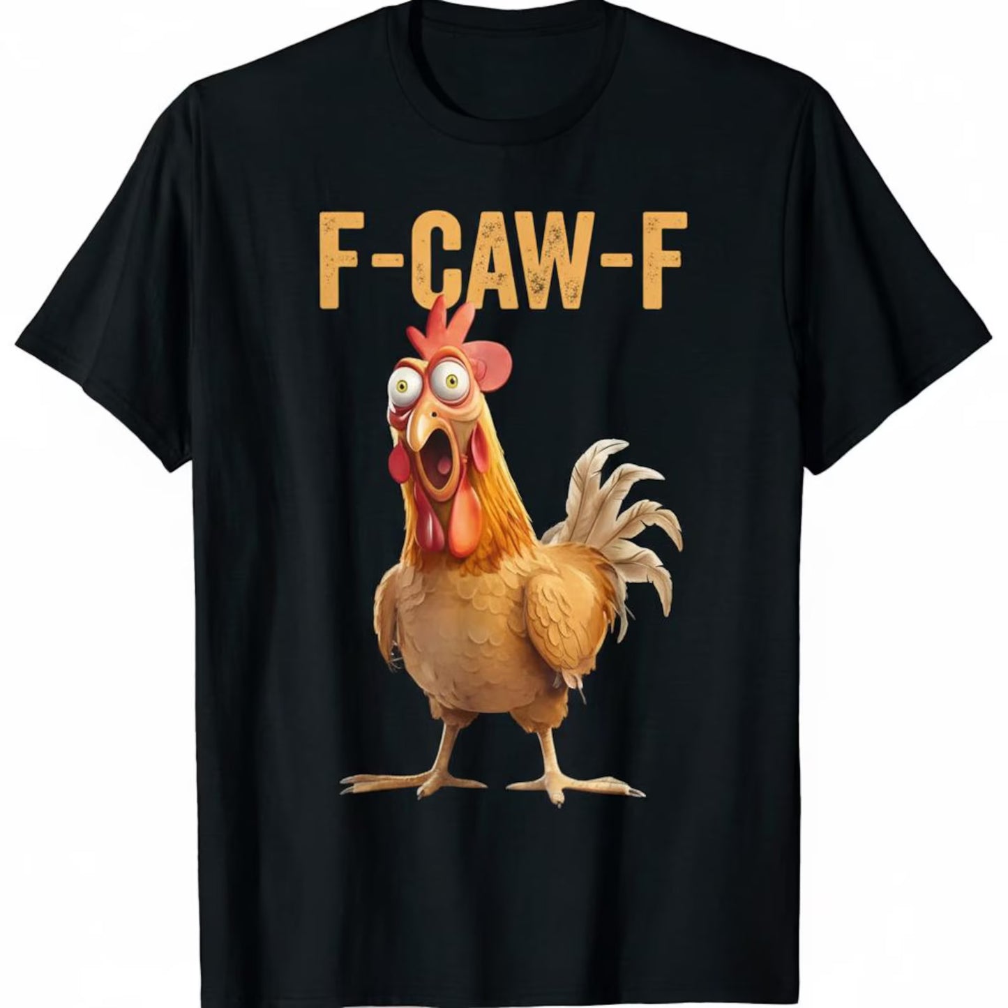 Black t-shirt with a cartoon rooster and 'F-CAW-F' text on a white background